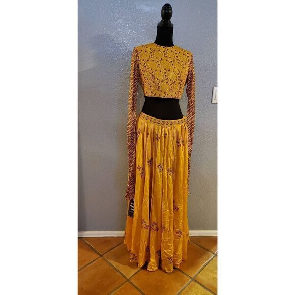 Kalki Fashion Traditional Skirt Set in mustard yellow with gold print - Picture 2 of 16